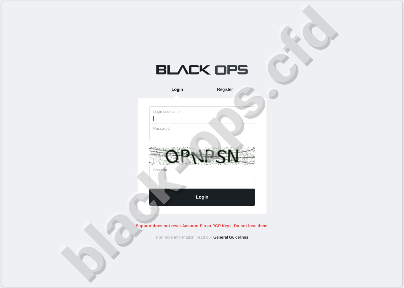 Blackops market login page with PGP key and 2FA requirement